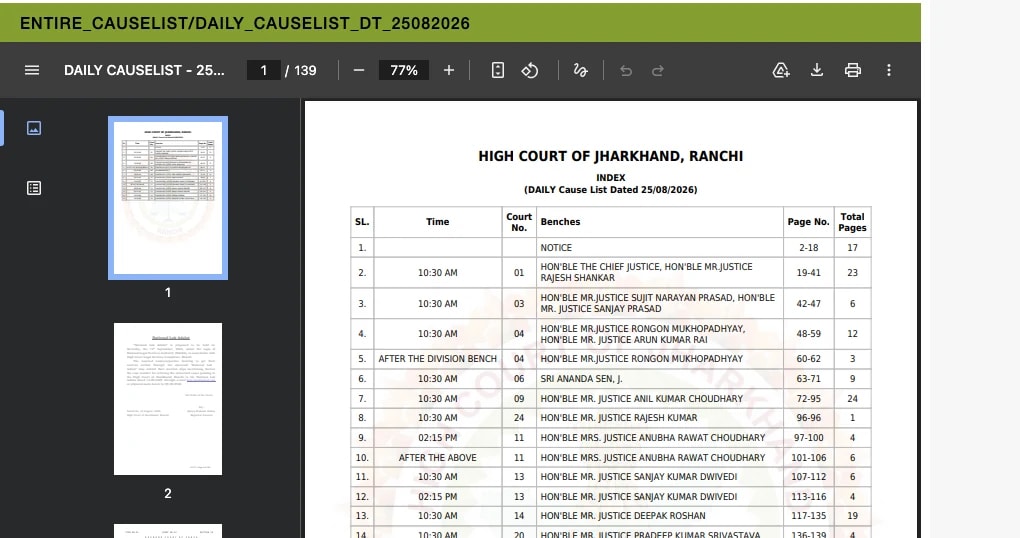 The daily cause list PDF on the Jharkhand High Court website