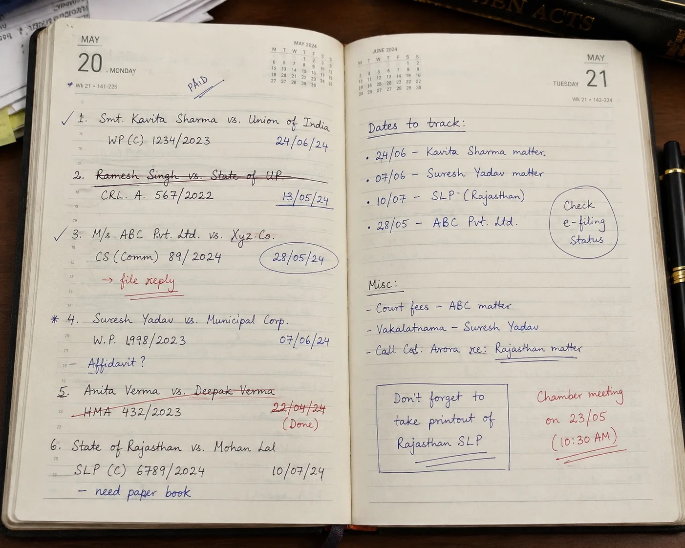 A handwritten advocate diary